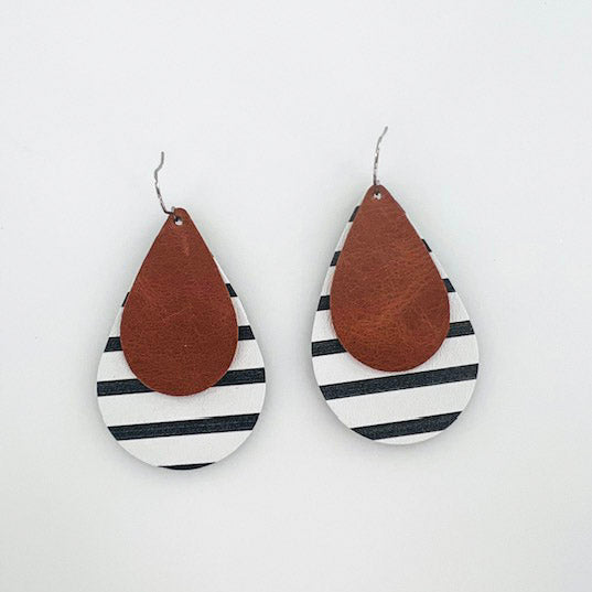 Leather Stacked Teardrop Earring "Worn Brown+Black and White Stripe"