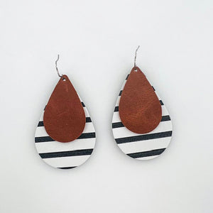 Leather Stacked Teardrop Earring "Worn Brown+Black and White Stripe"